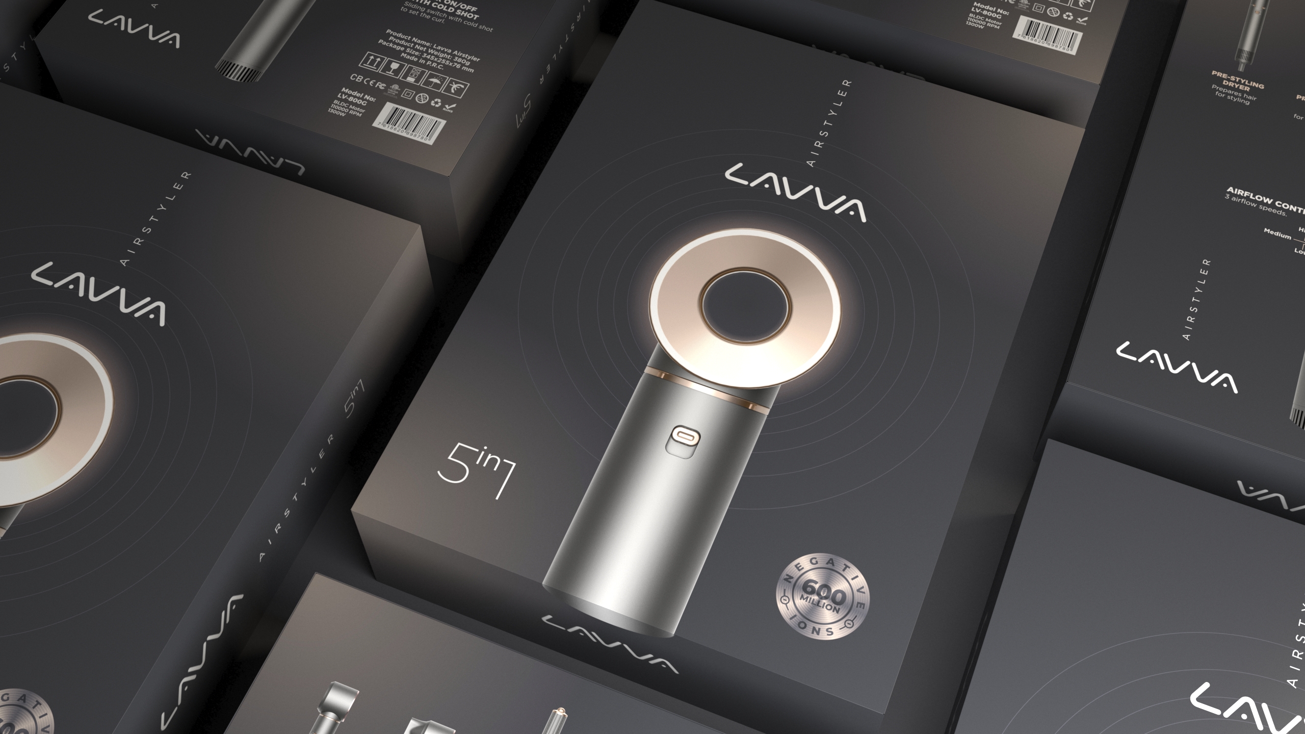 Дизайн упаковки для стайлера Lavva 5 in 1 - рендер в ассортименте