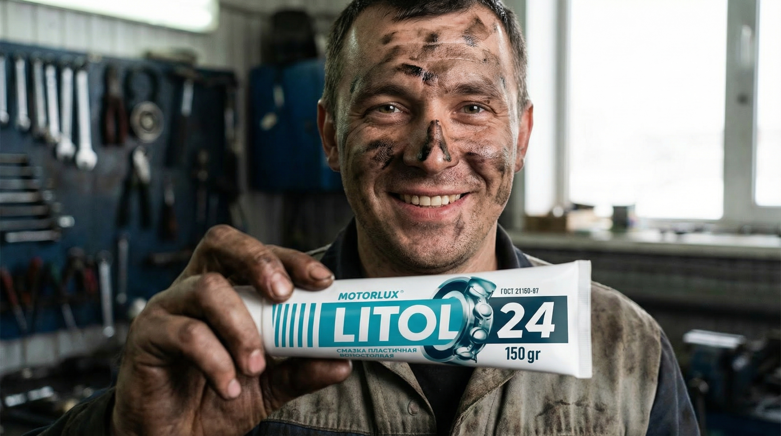 Разработка дизайна упаковки машинного масла Litol 24 - тюбик в руках у механика
